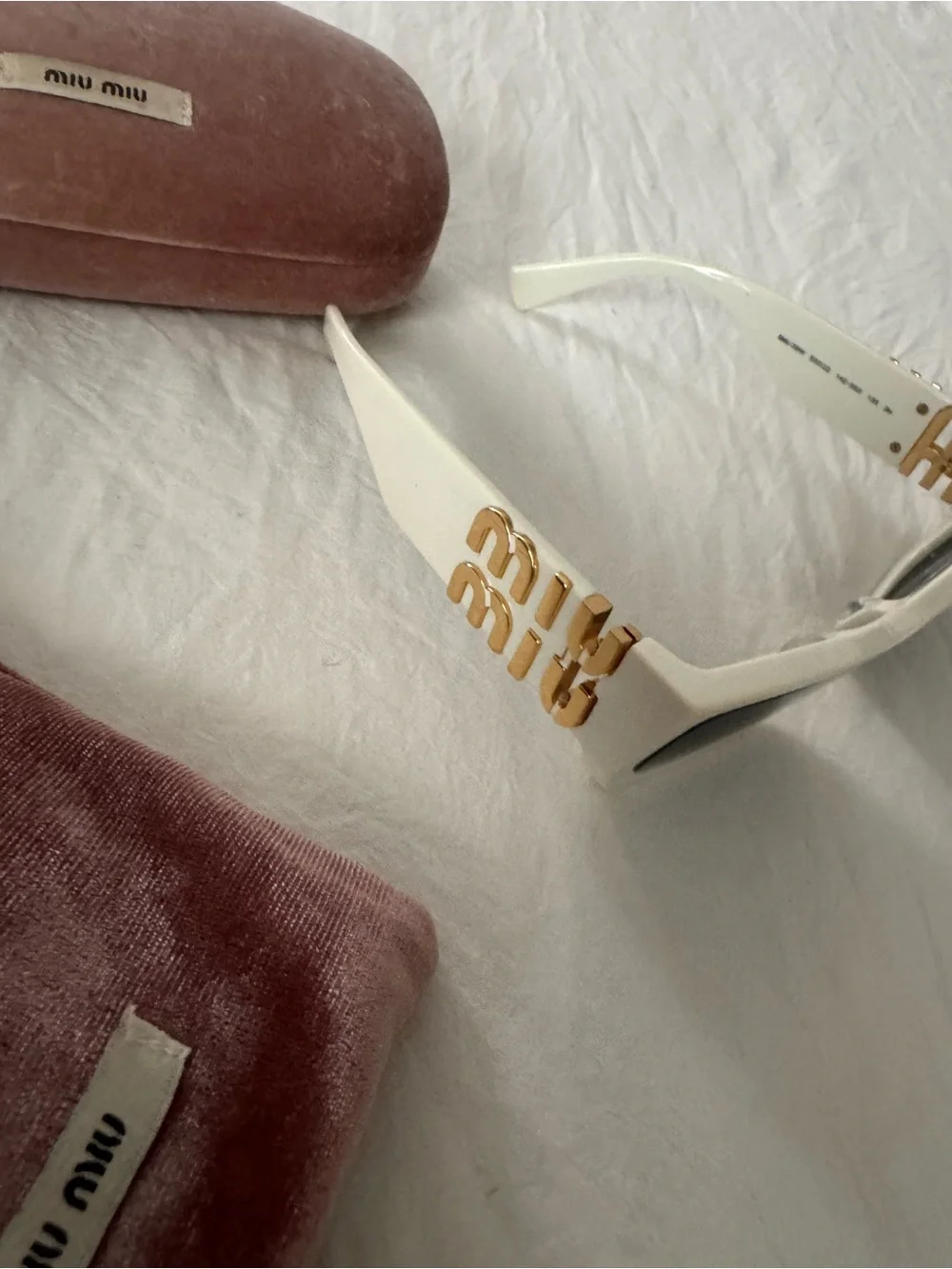 Miu Miu White Sunglasses with Gold Logo Temples